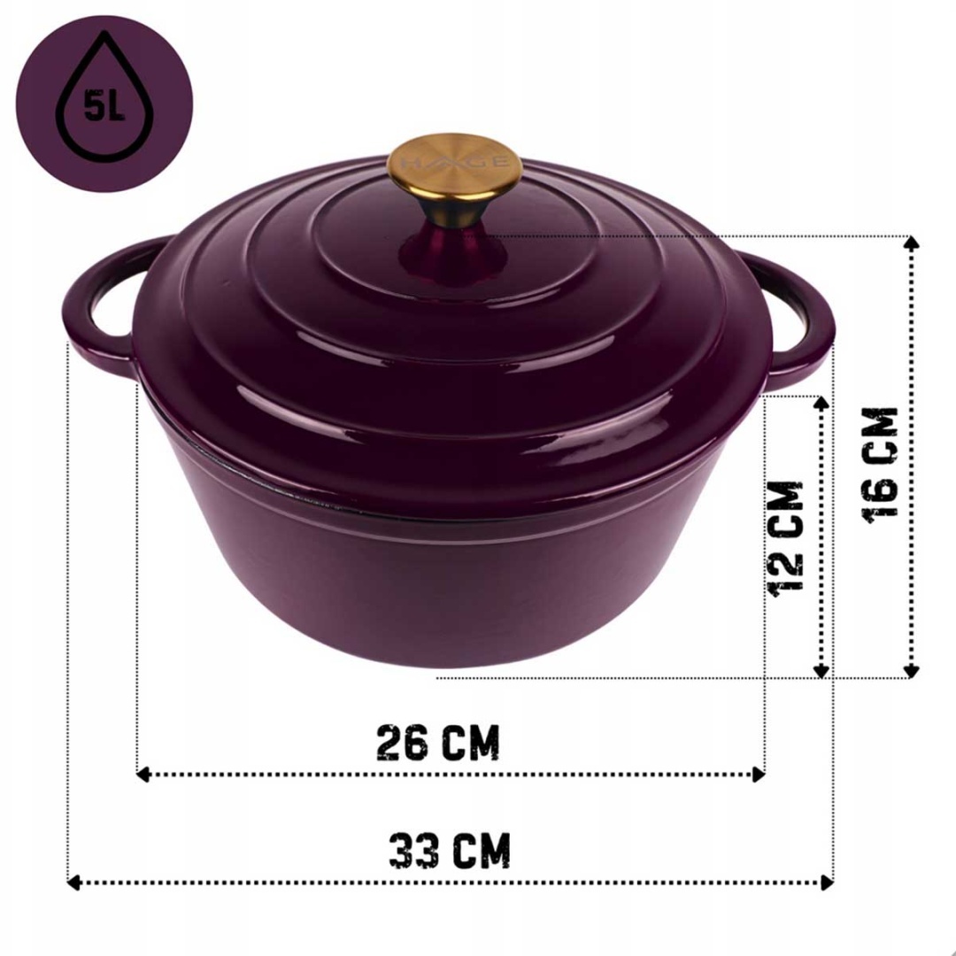 EMALIOWANY GARNEK ŻELIWNY 26cm 5L HAGE EGGPLANT - obrazek 3