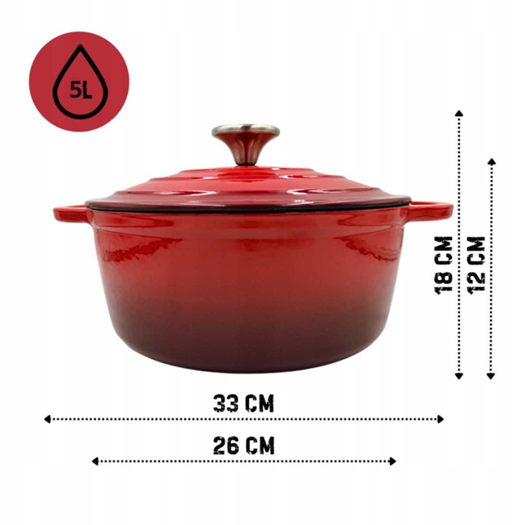 EMALIOWANY GARNEK ŻELIWNY 26cm 5L HAGE CZERWONY - obrazek 4