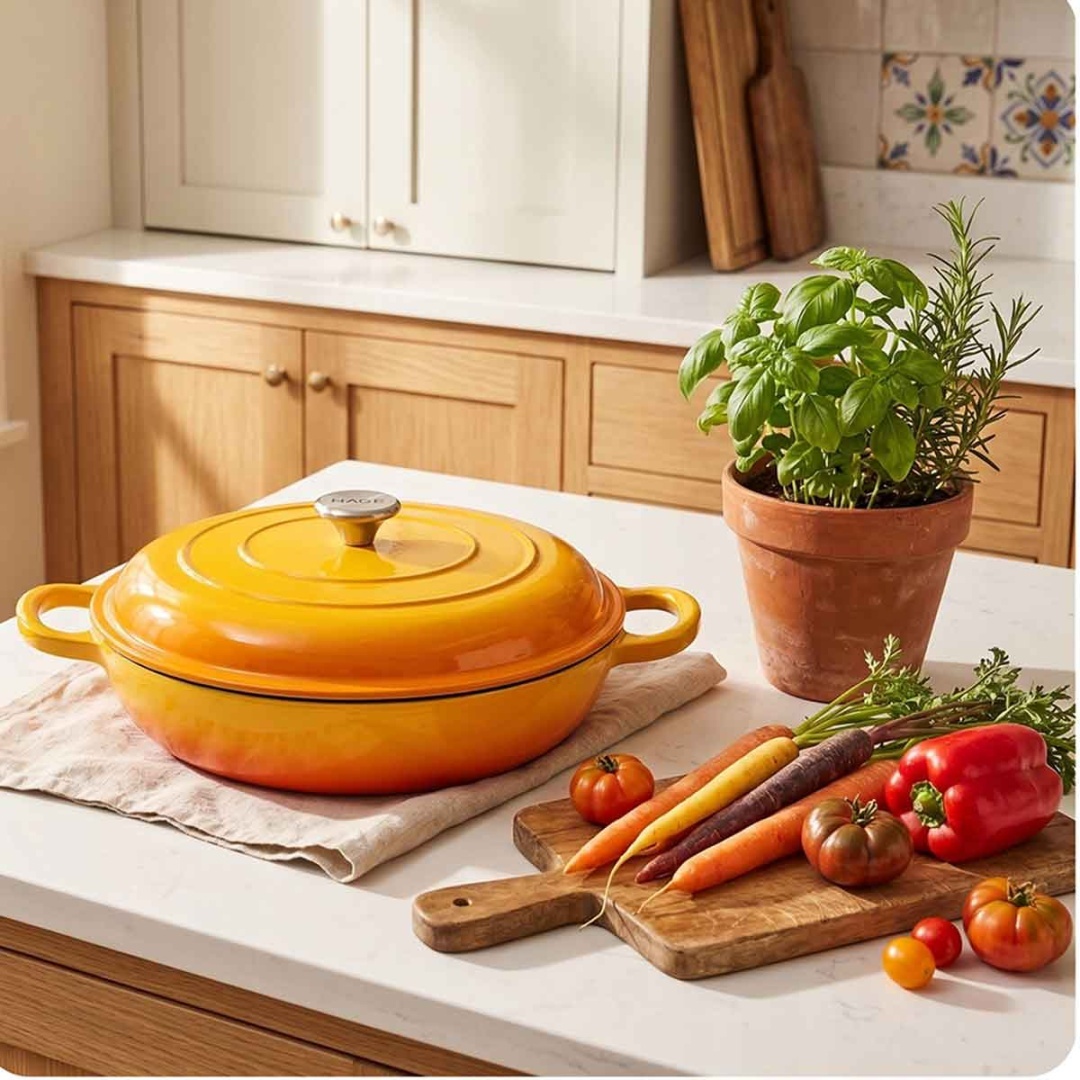 EMALIOWANY GARNEK ŻELIWNY PŁASKI 30cm 3L HAGE MUSZTARDOWY - obrazek 4