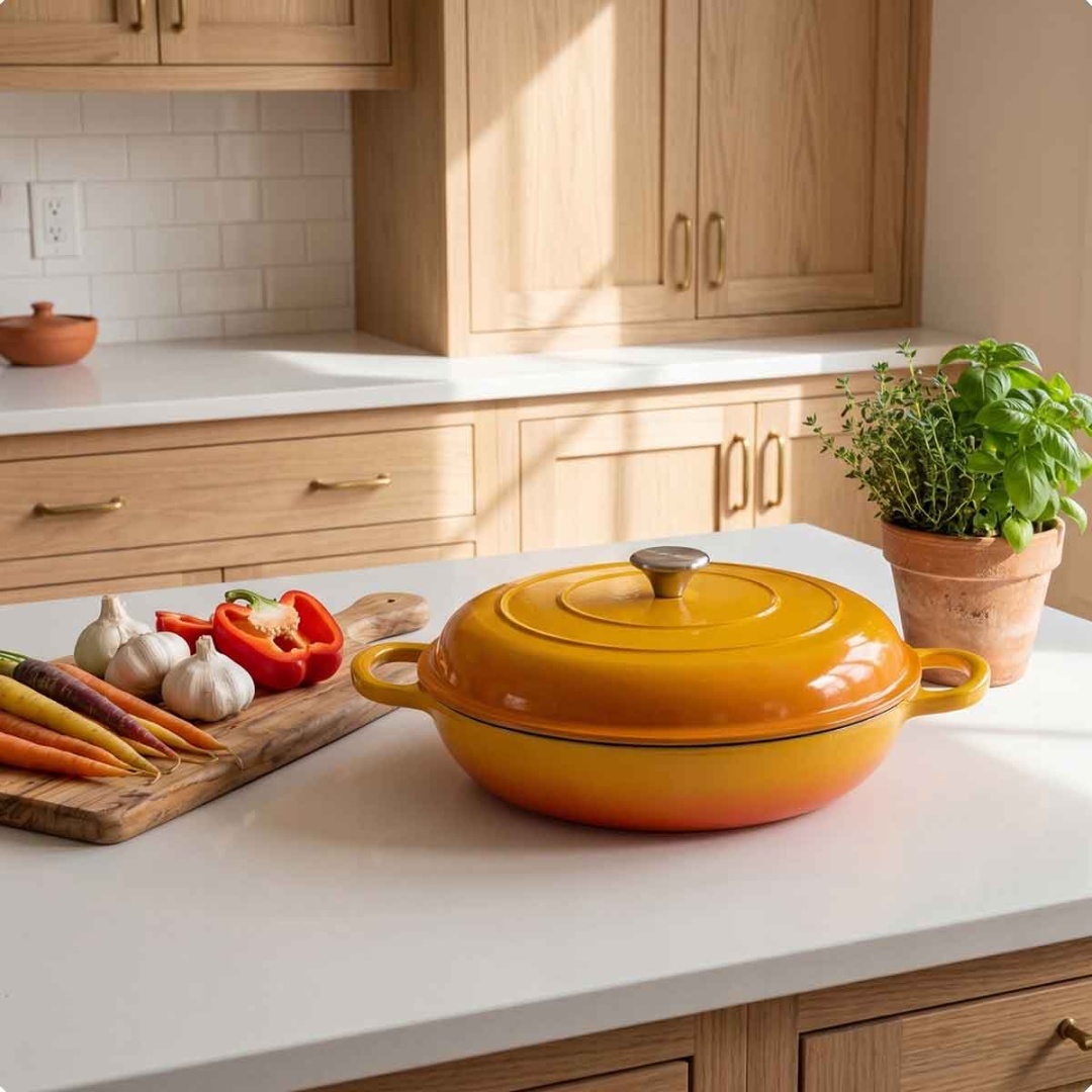 EMALIOWANY GARNEK ŻELIWNY PŁASKI 30cm 3L HAGE MUSZTARDOWY - obrazek 6