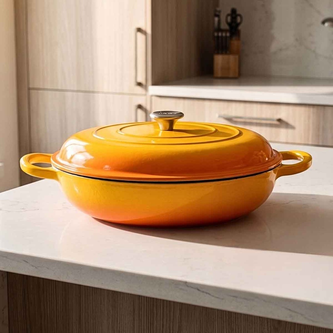 EMALIOWANY GARNEK ŻELIWNY PŁASKI 30cm 3L HAGE MUSZTARDOWY - obrazek 9