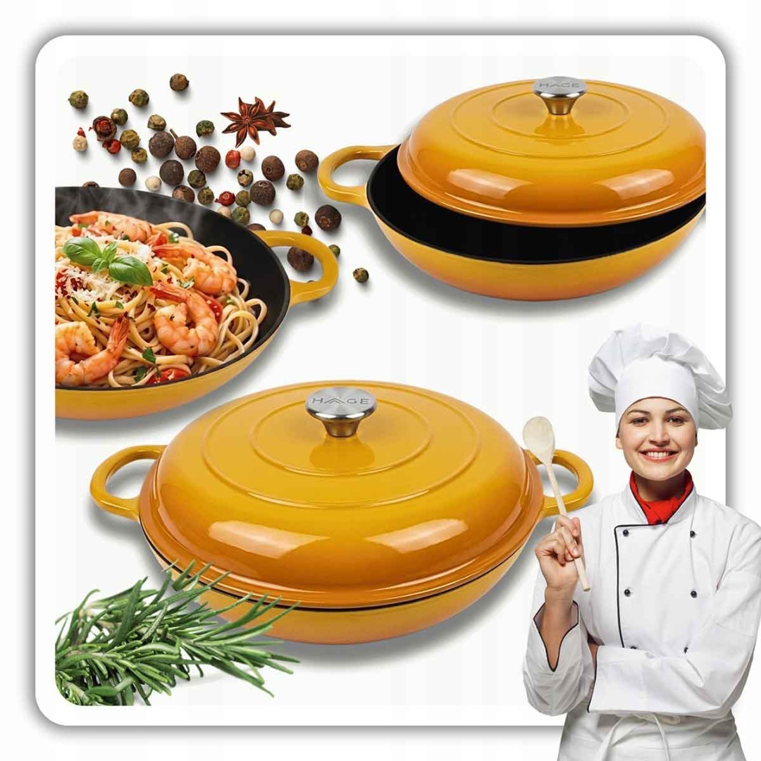 EMALIOWANY GARNEK ŻELIWNY PŁASKI 30cm 3L HAGE MUSZTARDOWY - obrazek 11