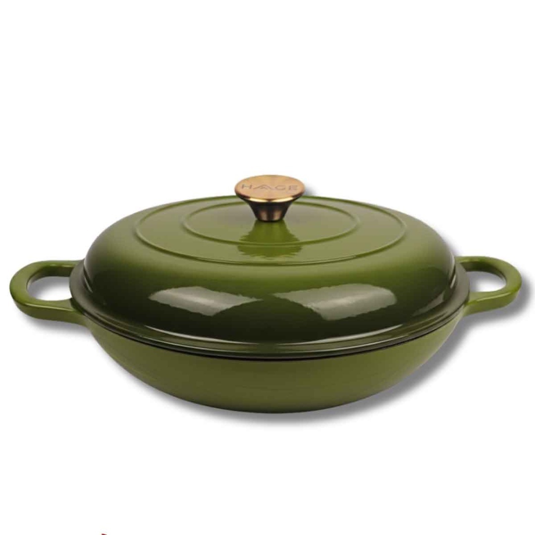 EMALIOWANY GARNEK ŻELIWNY PŁASKI 30cm 3L HAGE OLIWKOWY - obrazek 4